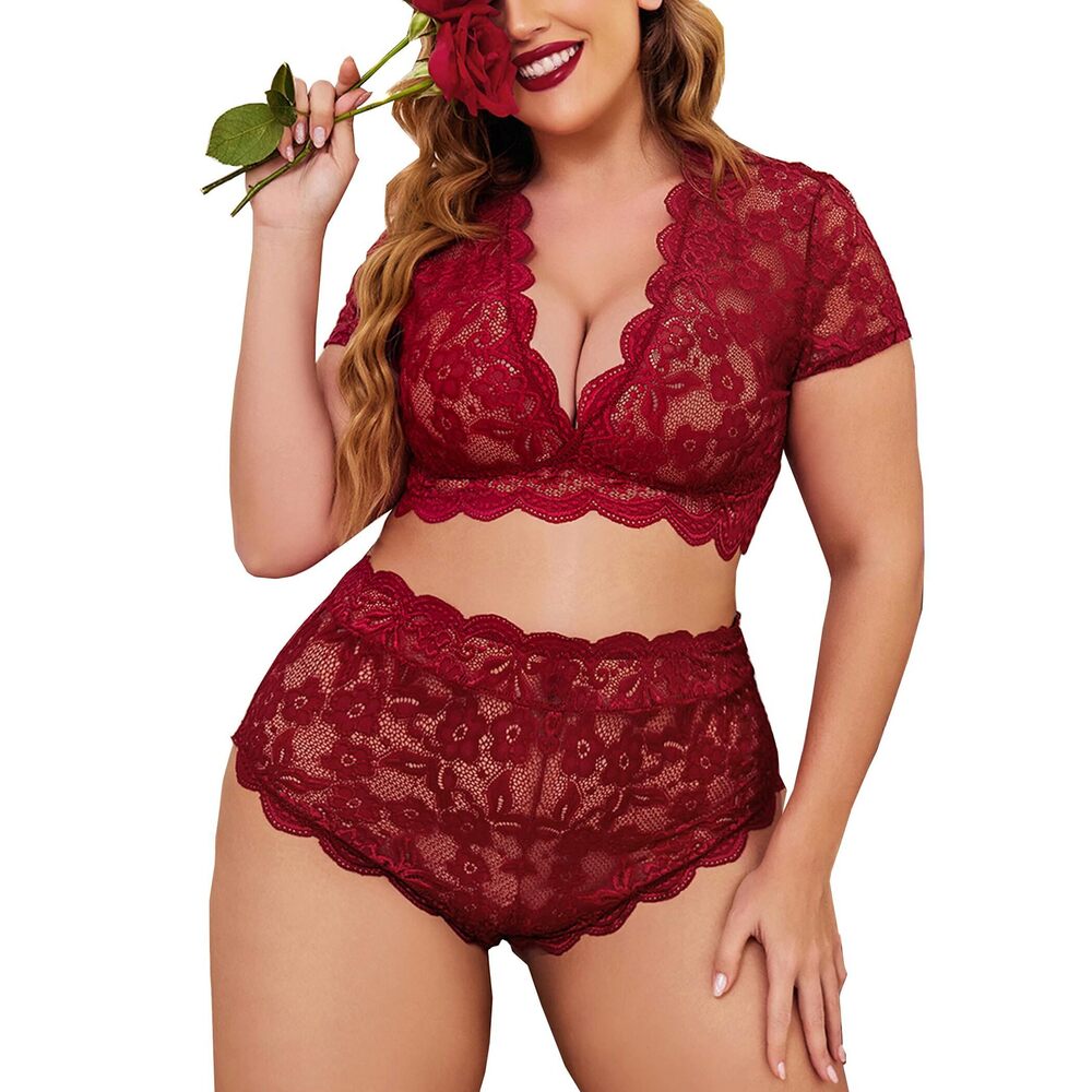 3826 Plus Size Lingerie Plus Floral Lace Scallop Trim Lingerie Set Deep V